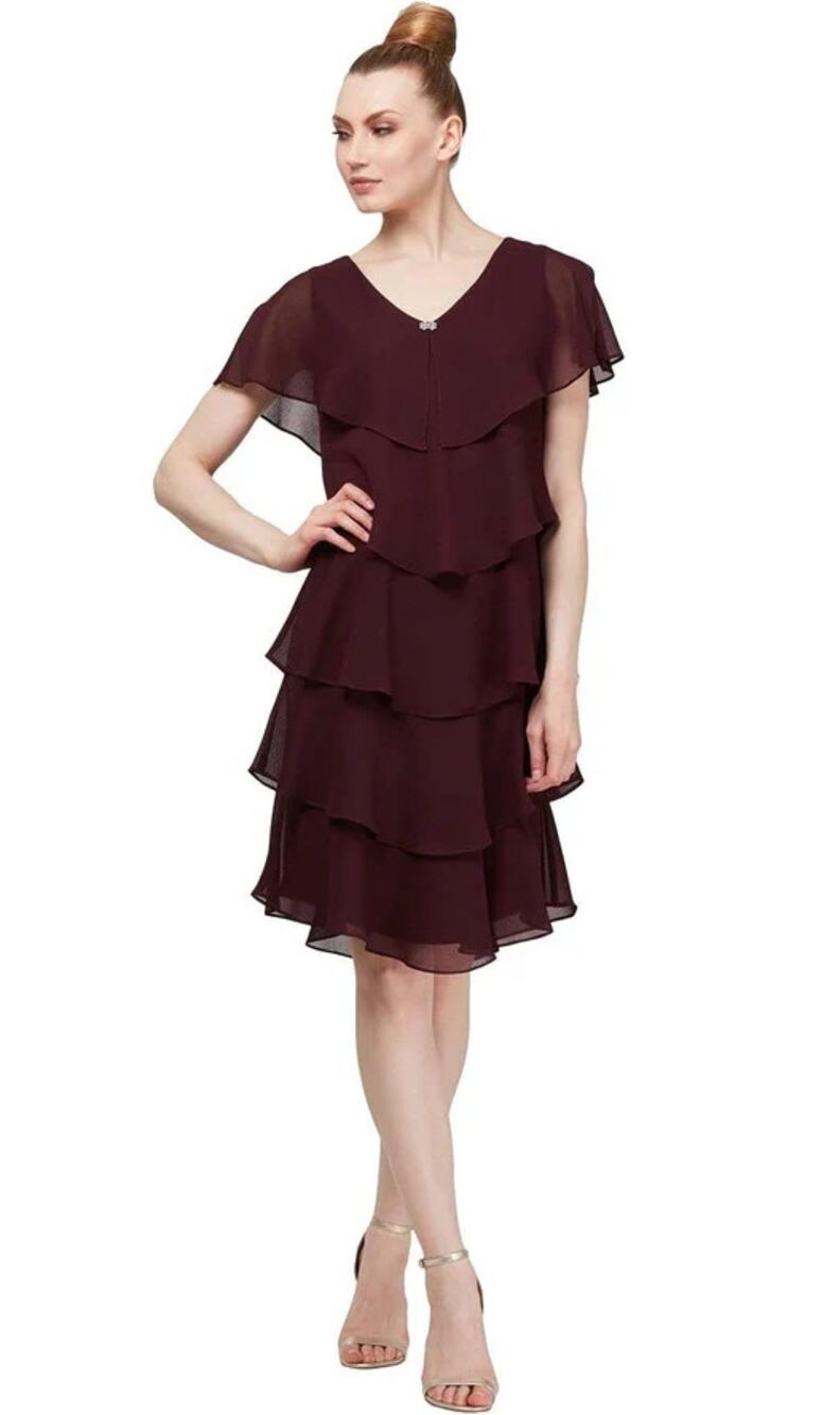 SLNY Tiered V Neck Capelet Dress Size 10 Dark Purple Fig Chiffon NWT